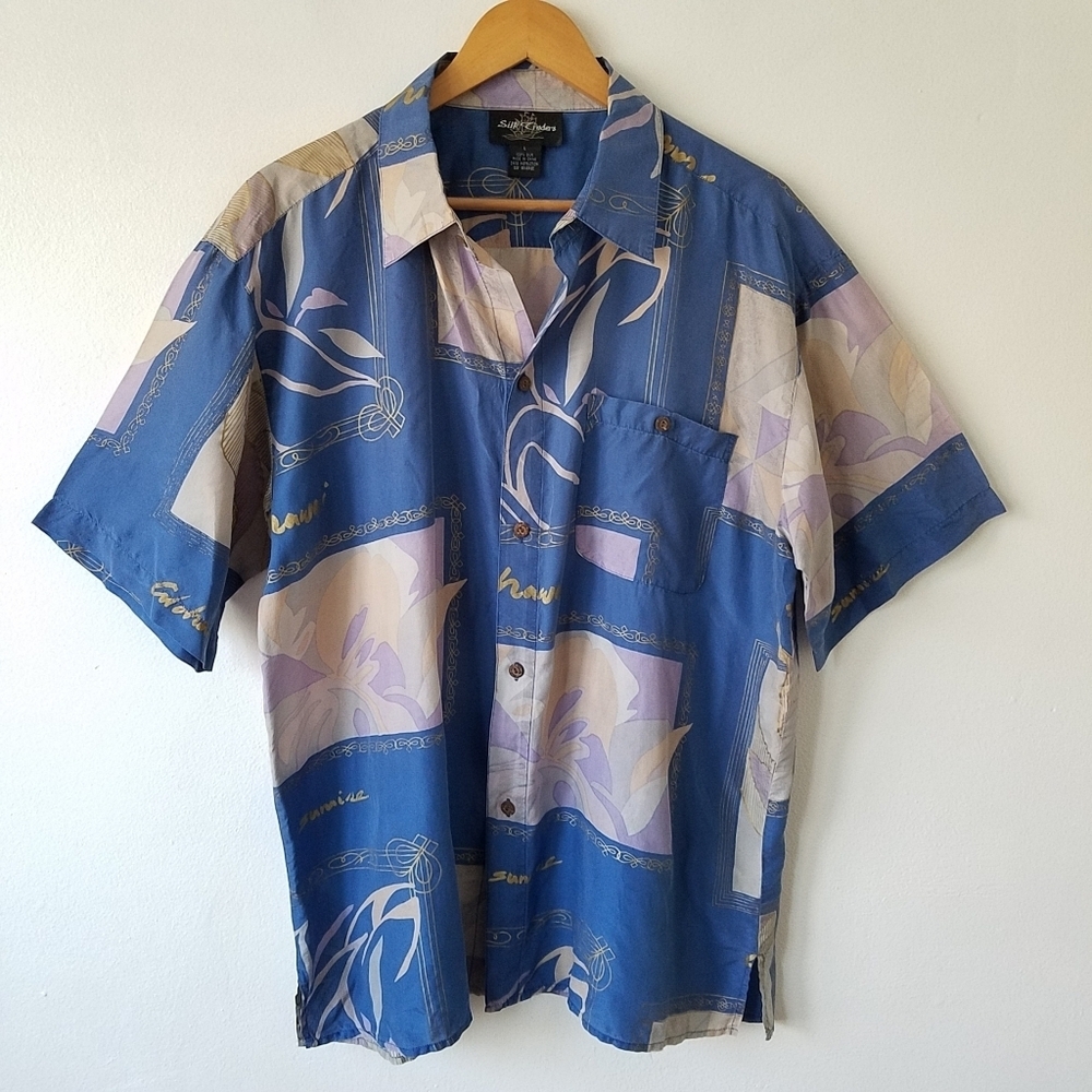 Vintage Silk Traders Hawaiian Aloha Sunrise Button Front Vacation Camp Shirt L